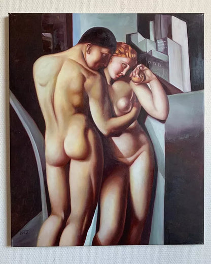 art-deco-adam-eve-tableau-peinture-huile sur toile-signée voltz