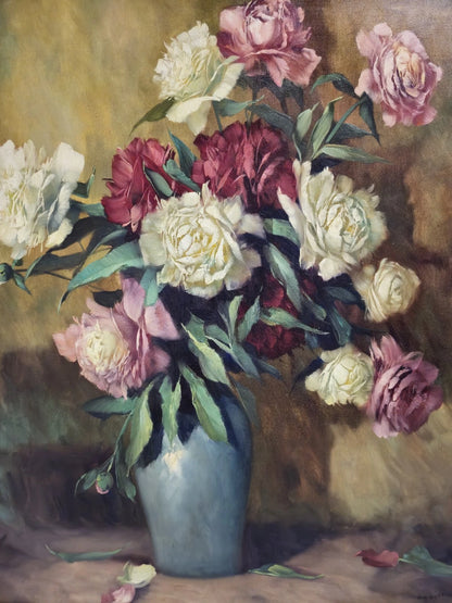 Peinture à l'huile Helmuth Volkwein (1920-2004) Nature morte aux fleurs pivoines