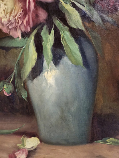 Peinture à l'huile Helmuth Volkwein (1920-2004) Nature morte aux fleurs pivoines