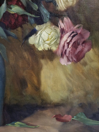 Peinture à l'huile Helmuth Volkwein (1920-2004) Nature morte aux fleurs pivoines