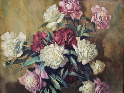 Peinture à l'huile Helmuth Volkwein (1920-2004) Nature morte aux fleurs pivoines