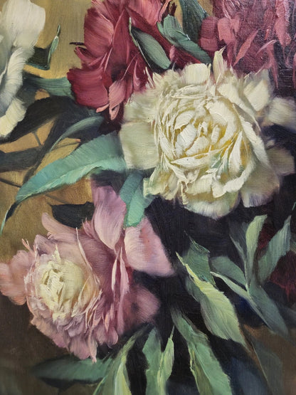 Peinture à l'huile Helmuth Volkwein (1920-2004) Nature morte aux fleurs pivoines