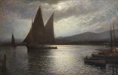 Franz Müller-Gossen (1871-1946) Grande peinture à l'huile voiliers au crépuscule