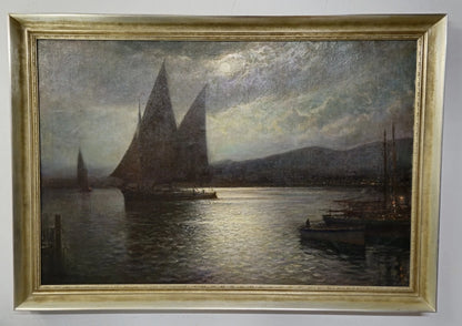 Franz Müller-Gossen (1871-1946) Grande peinture à l'huile voiliers au crépuscule