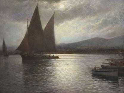 Franz Müller-Gossen (1871-1946) Grande peinture à l'huile voiliers au crépuscule