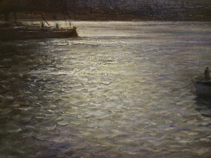 Franz Müller-Gossen (1871-1946) Grande peinture à l'huile voiliers au crépuscule