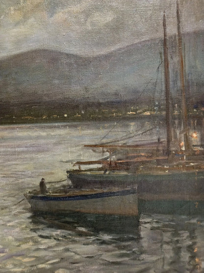 Franz Müller-Gossen (1871-1946) Grande peinture à l'huile voiliers au crépuscule