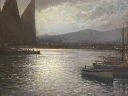 Franz Müller-Gossen (1871-1946) Grande peinture à l'huile voiliers au crépuscule