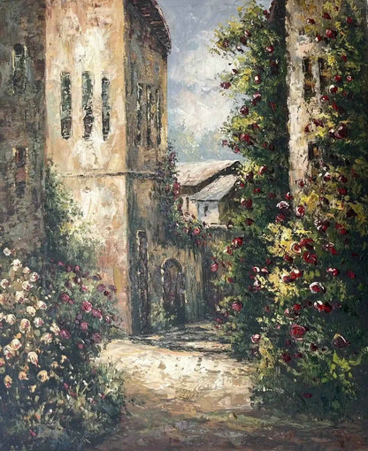 art-paysage-village-jardin-peinture-huile-toile