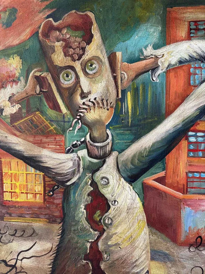 art-surréaliste-personnage-dément-horreur-guerre-peinture huile toile