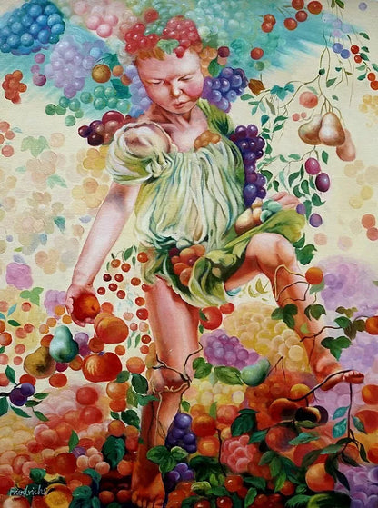 art-moderne-automne-fille-fruits-huile sur toile
