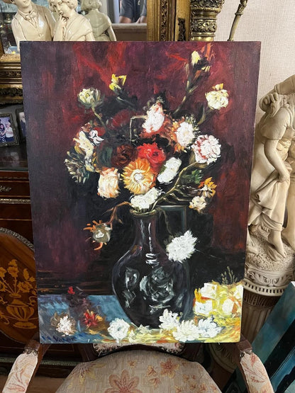 d'après Vincent Van Gogh - Superbe toile à huile - Post impressionnisme- nature morte-fleurs