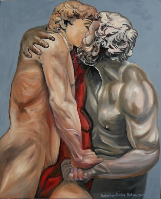 tableau original 74x60 cm huile sur toile Eromenos et Erastes mythologie