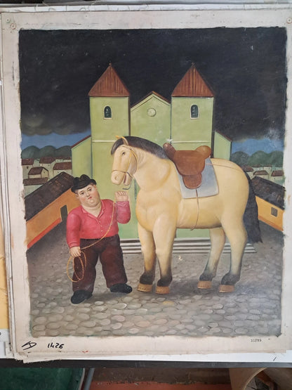 art-decoration-tableau-peinture-huile-toile-scene-homme-cheval-d'apres Botero