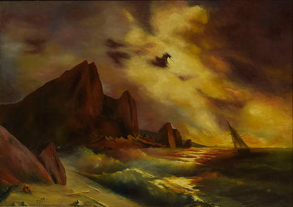 Tableau ancien, paysage marin, huile, monogrammé, 81 x 61,5 cm