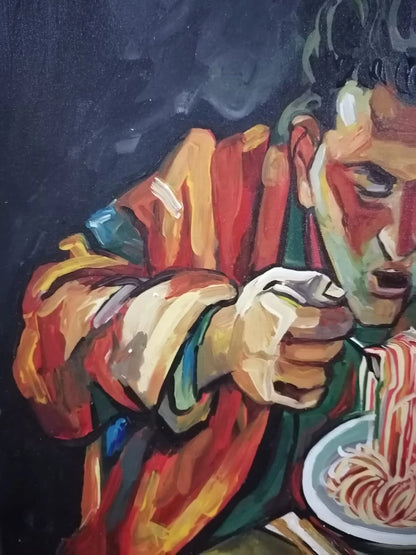 art-decoration-tableau-peinture-huile-toile-scene-vie-portrait-home-mange-spaghettis