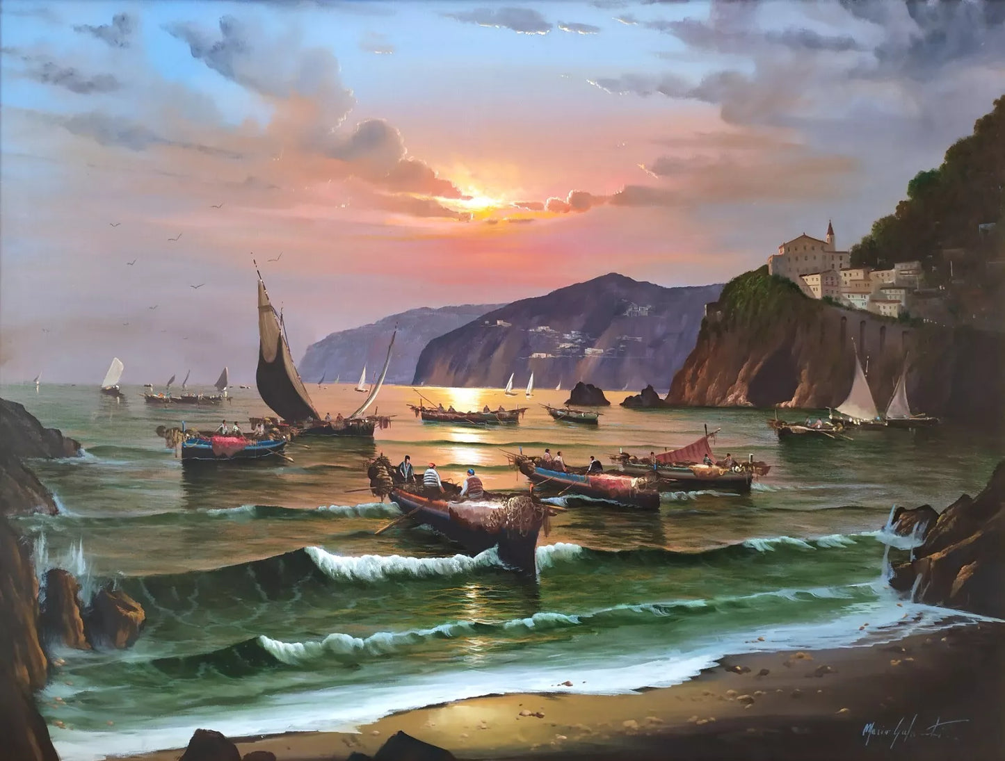 Paysage Côtier Napolitain avec Bateaux Grande Peinture à Huile originale signée