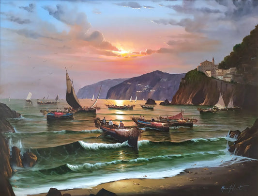 Paysage Côtier Napolitain avec Bateaux Grande Peinture à Huile originale signée