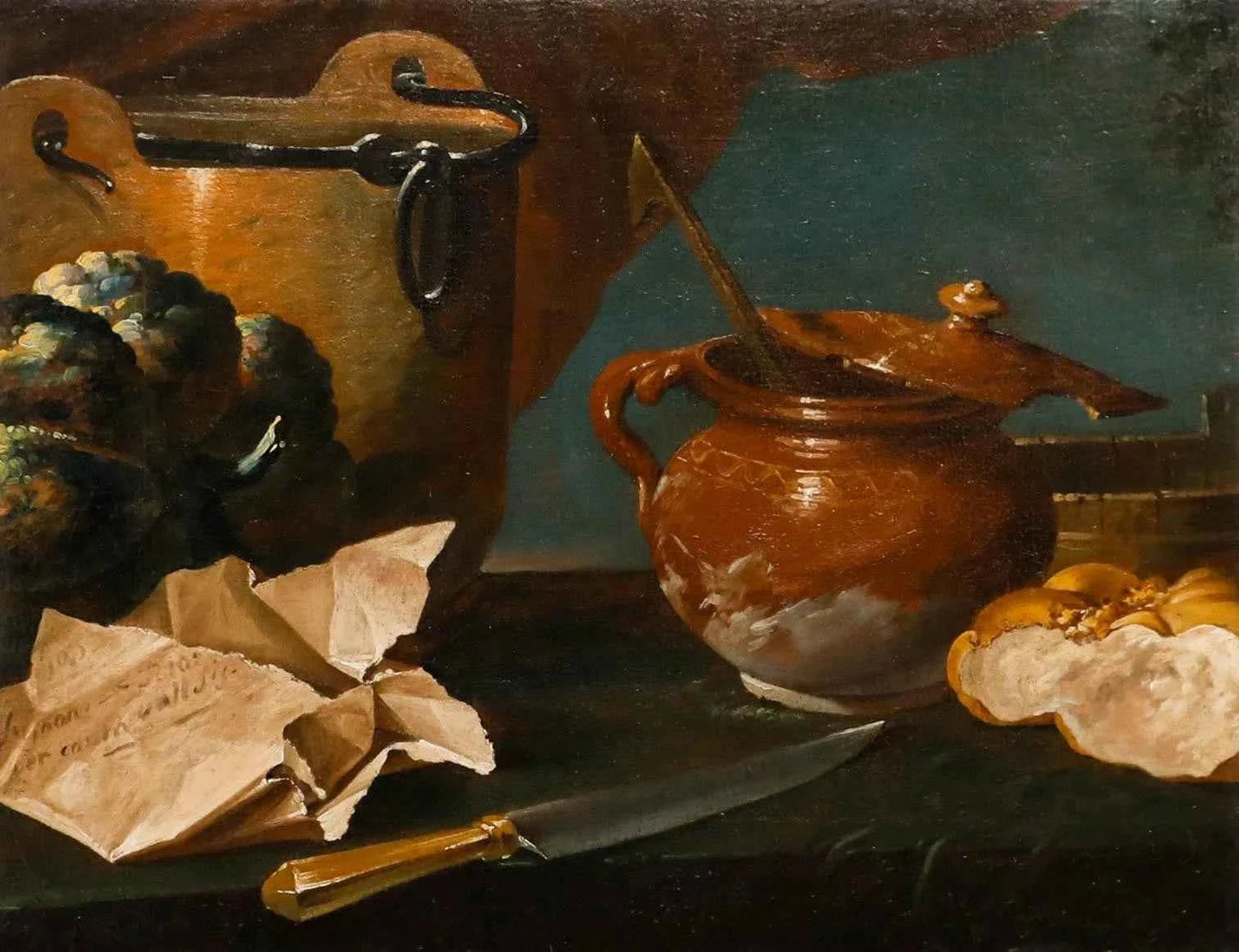 Huile encadrée XIXème - Nature morte pain couteau avec pot en terre