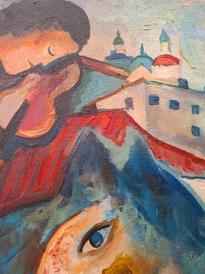 art-decoration-tableau-peinture-huile-toile-scene-personnages-d'après chagall