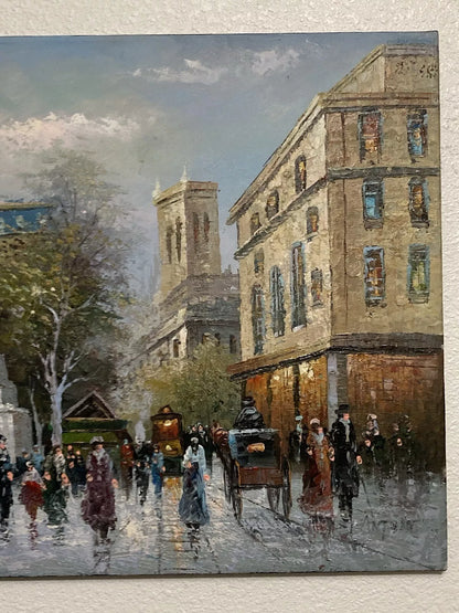 art-decoration-tableau-peinture-huile-toile--paysage-scene-personnages-rue-Paris