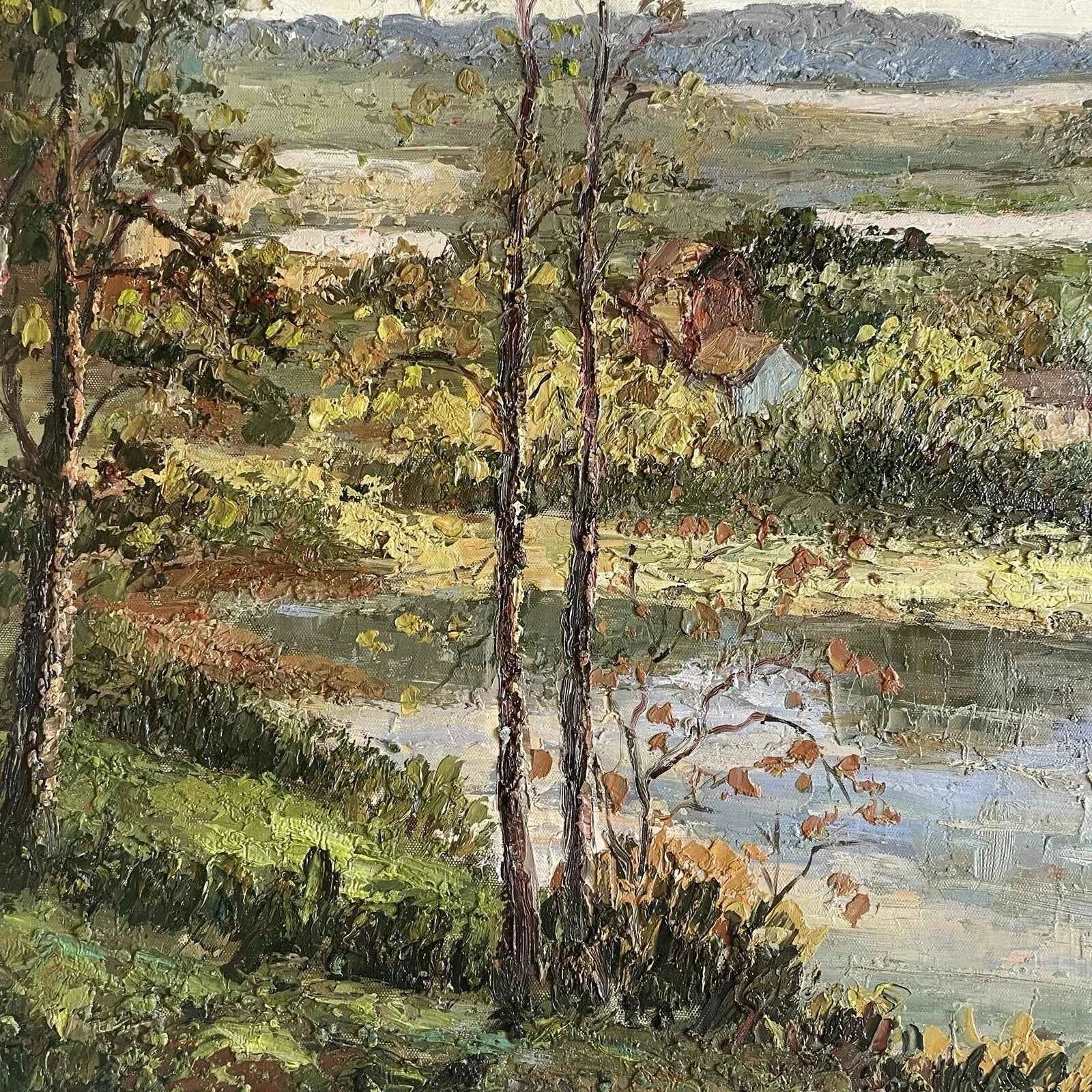 Tableau huile étang de village dans la nature- Échappez-vous dans ce paysage bucolique, où la nature rencontre l'art et offre une sérénité sans fin.