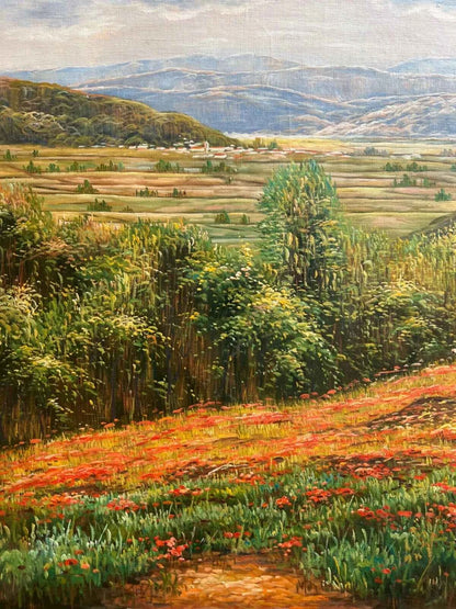 art-paysage-campagne-champ-fleurs-peinture-huile sur toile
