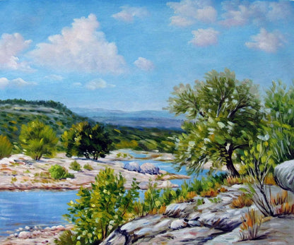 art-decoration-paysage-campagne-bord-riviere-arbre-peinture-huile-toile