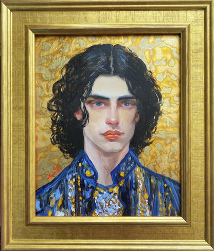 Peinture à l'huile originale d'un jeune homme brun, inspiré de Klimt, sur panneau de bois doré à la feuille d'or. (Copie)