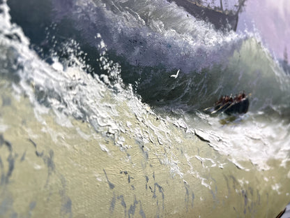 art-decoration-tableau-peinture-huile-toile-scene-rayon-soleil-mer-vague-tempete