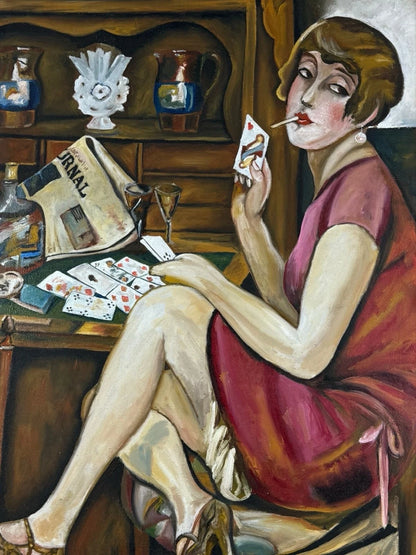 art-decoration-tableau-peinture-huile-toile-moderne-portrait-feminin-femme-personnage-cigarette-cartes-d'aprés Gerda Wegener