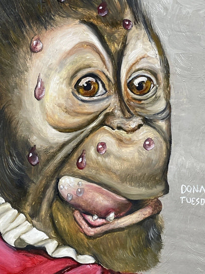 art-decoration-tableau-peinture-huile-toile-surrealisme-portrait-singe-fraise-d'apres Donald Roller