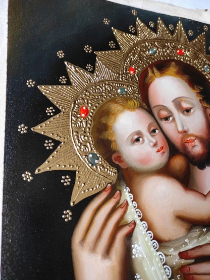 art-decoration-tableau-peinture-huile-toile-portrait-religieux-saint-joseph-enfant-jésus-cuzco