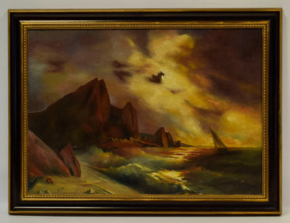 Tableau ancien, paysage marin, huile, monogrammé, 81 x 61,5 cm