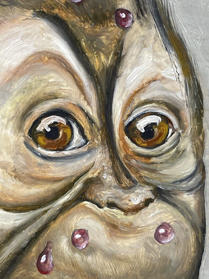 art-decoration-tableau-peinture-huile-toile-surrealisme-portrait-singe-fraise-d'apres Donald Roller