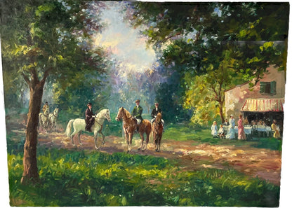 Vintage Original Oil On Canvas Riders Ladies Family Cozy Evening Woods Painting