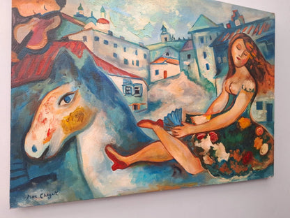 art-decoration-tableau-peinture-huile-toile-scene-personnages-d'après chagall