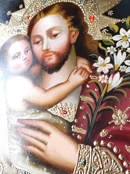 art-decoration-tableau-peinture-huile-toile-portrait-religieux-saint-joseph-enfant-jésus-cuzco