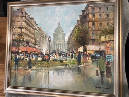 art-decoration-paysage-scene-vie-rue-Paris-France-Pantheon-peinture-huile-toile