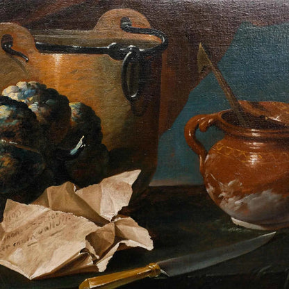 Huile encadrée XIXème - Nature morte pain couteau avec pot en terre