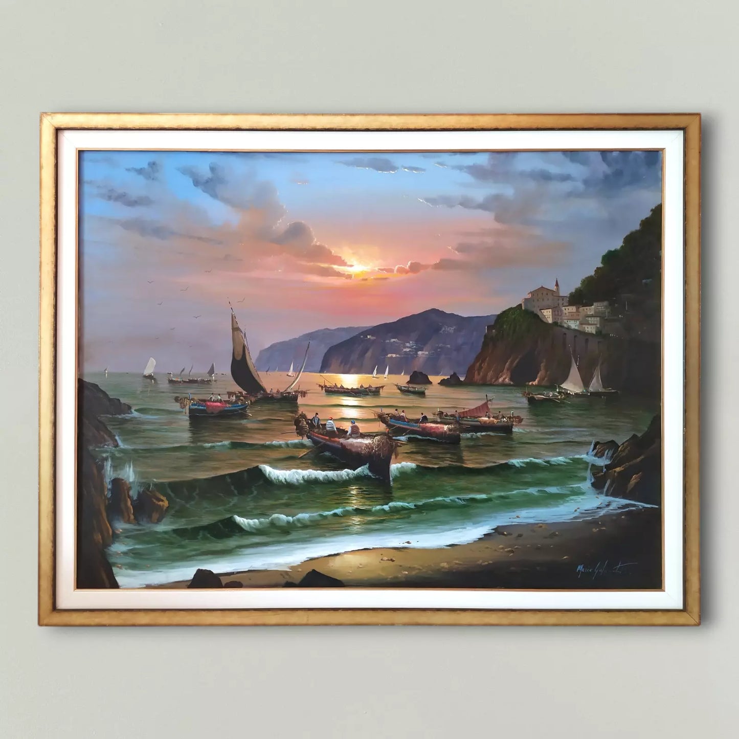 Paysage Côtier Napolitain avec Bateaux Grande Peinture à Huile originale signée