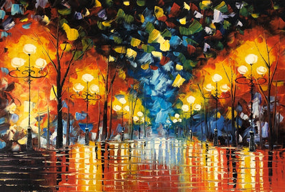 art-decoration-tableau-peinture-huile-toile-paysage-moderne-coloré-rue-nuit-pluie