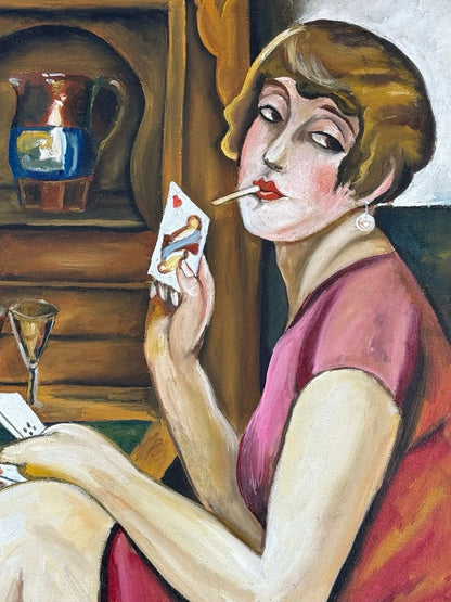 art-decoration-tableau-peinture-huile-toile-moderne-portrait-feminin-femme-personnage-cigarette-cartes-d'aprés Gerda Wegener