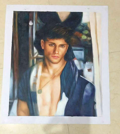 art-decoration-tableau-peinture-huile-toile-portrait-masculin-male-homme-torse-nu-pendentif