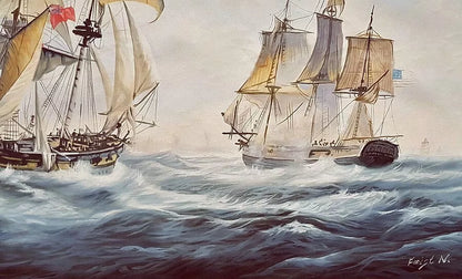 art-decoration-tableau-peinture-huile-toile-scene-bataille-navale