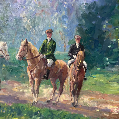 Vintage Original Oil On Canvas Riders Ladies Family Cozy Evening Woods Painting