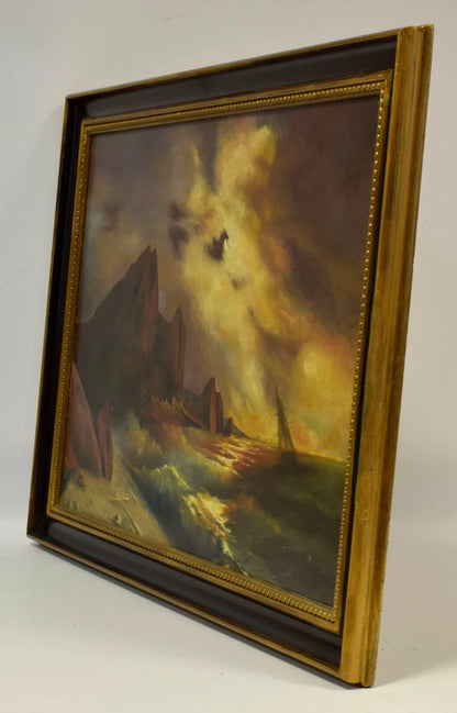 Tableau ancien, paysage marin, huile, monogrammé, 81 x 61,5 cm