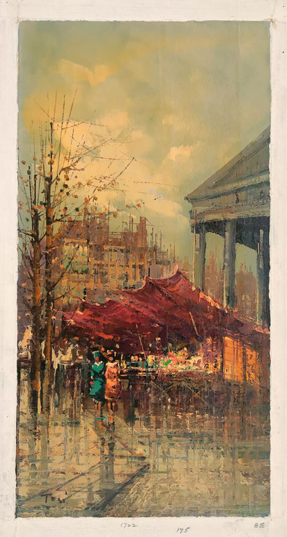 art-decoration-paysage-scene-rue-Paris-France-marché-fleurs-peinture-huile-toile