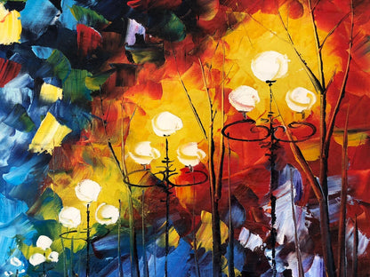 art-decoration-tableau-peinture-huile-toile-paysage-moderne-coloré-rue-nuit-pluie