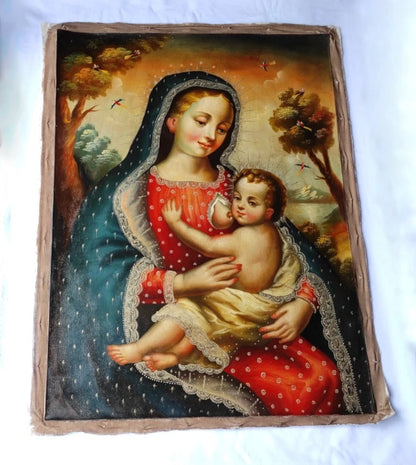 art-decoration-tableau-peinture-huile-toile-portrait-religieux-sainte-vierge-marie-sein-enfant-jesus-cuzco